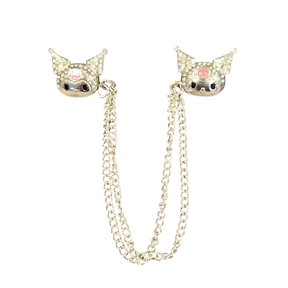 Kuromi Rhinestone Cardigan Clips Silver Tone Sanrio Collar Pins Double Chain